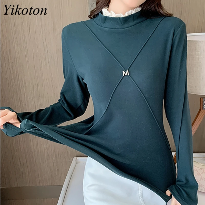 

Новинка 2022, осенне-зимние женские футболки, бархатная утепленная рубашка с высоким воротником и длинным рукавом, женская футболка