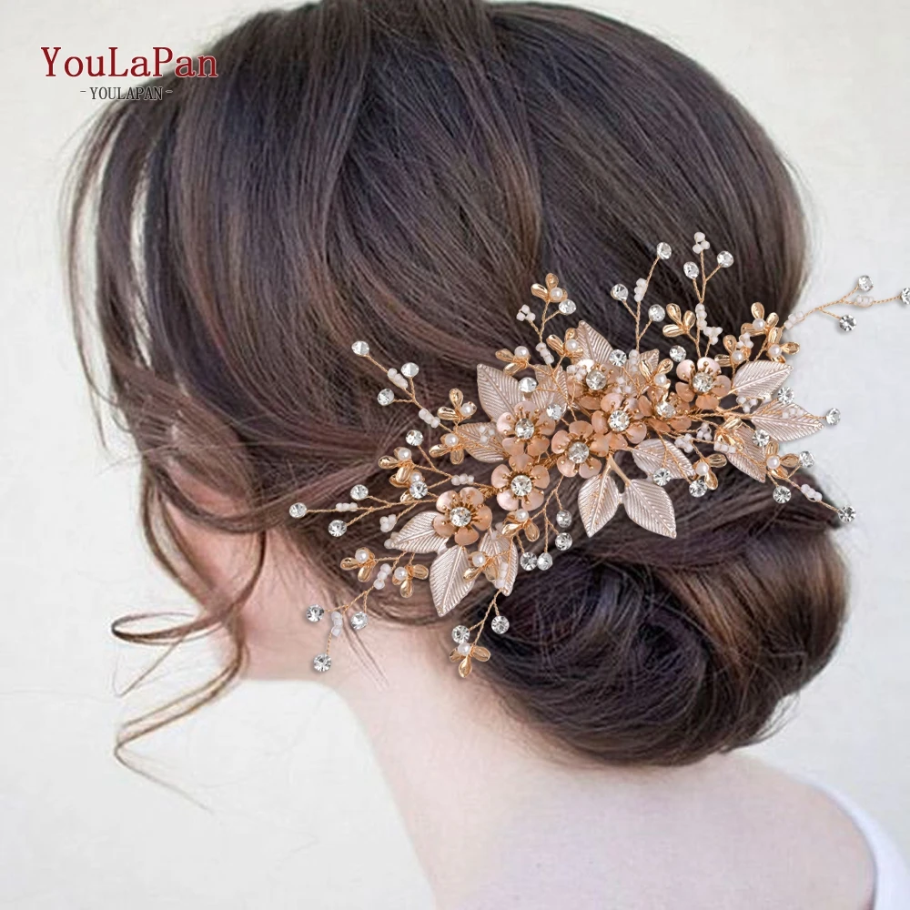 

TOPQUEEN HP358 Rose Golden Wedding Headpieces for Bride Fashionable Alloy Flower Bridal Comb Bridal Headwear Hair Accessories
