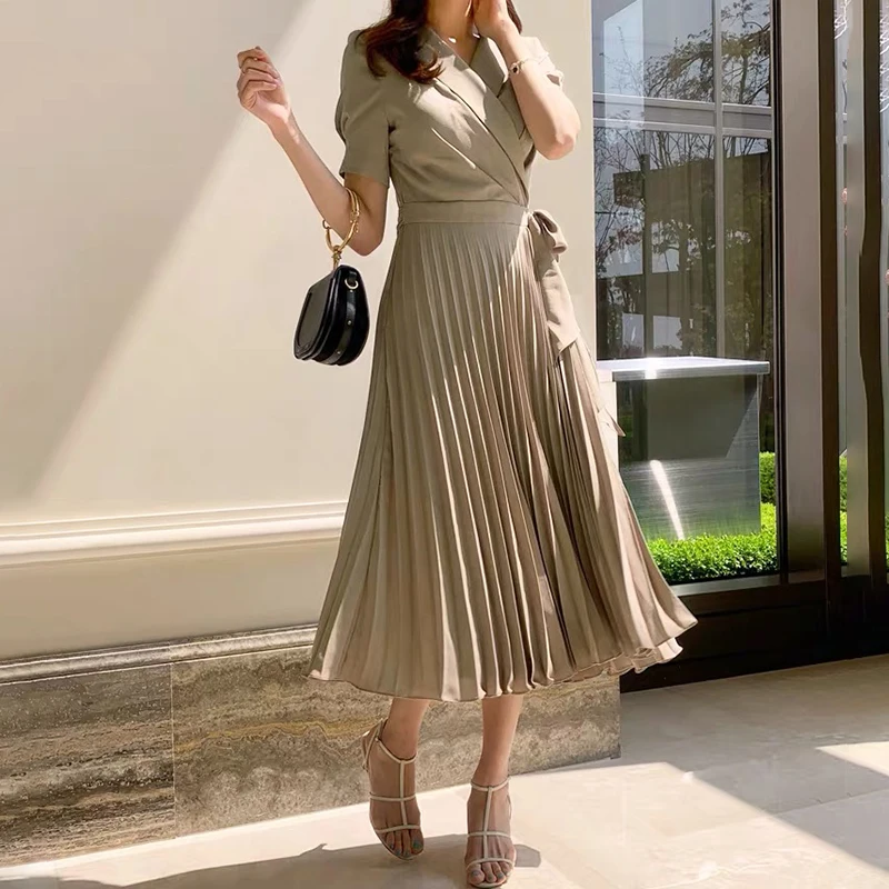 

Notched Blazer Dress Short Sleeve Summer Pleated Chiffon Dress Elegant Office Lady Long Midi Dress Vintage with Sashes 2020 A757