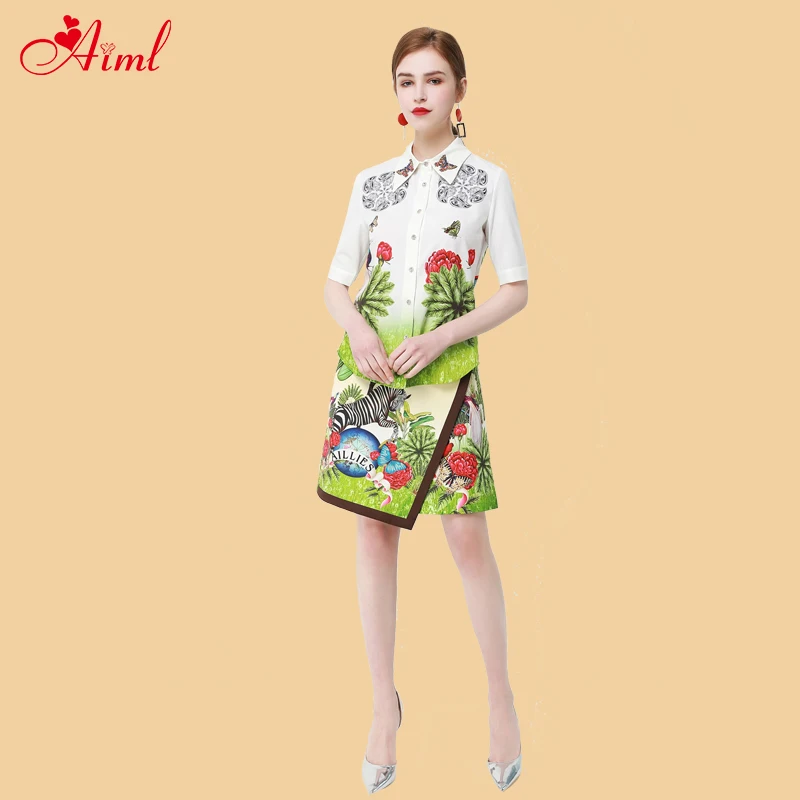 

Designer 2020 Summer Female Lapel Diamonds Luxury 2 piece set Print Half sleeve Blouse Skirt Sashion lady Holiday New Suit