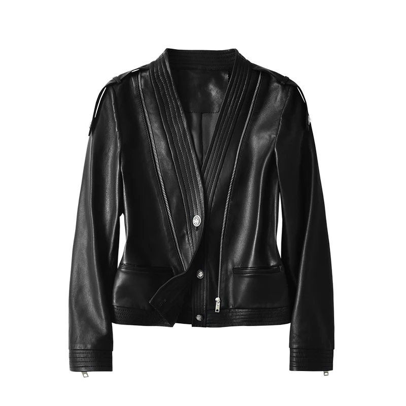 

SHUCHAN Sheepskin Leather Jacket Spring/Autumn High Street Regular V-Neck Zipper Pockets Designer Coats and Jackets Women