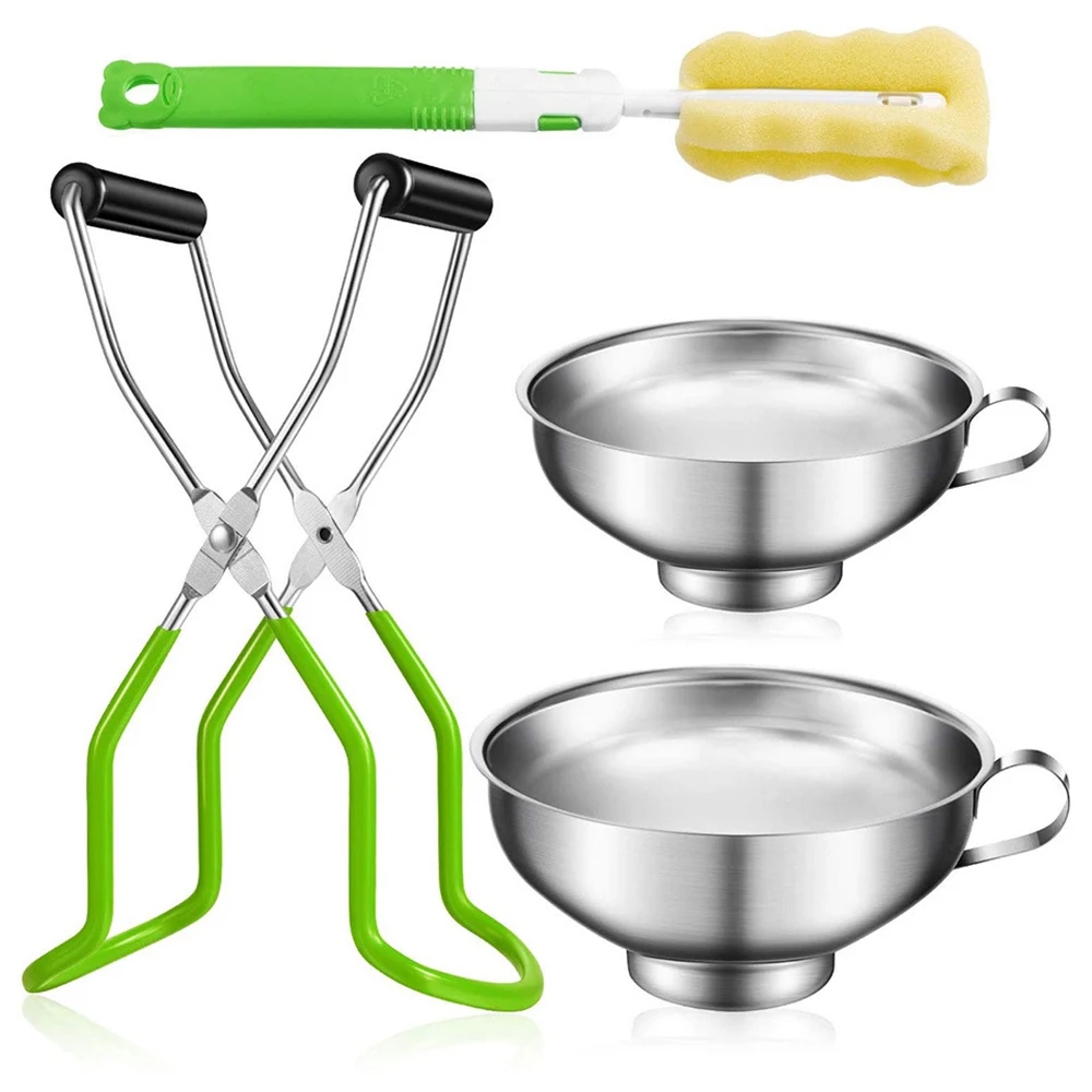 

4Pcs Stainless Steel Canning Jar Lifter Set with Anti-slip Can Lifter Funnel Sponge Cleaning Brush Kitchen Supplies Tools