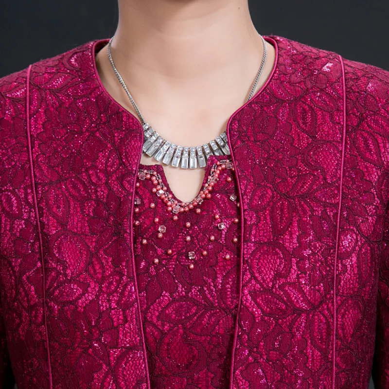 

Luxury Mother of the Bride Dress Suit Slim Lace Long Sleeve Jacket Dresses Knee Length 2 Piece Set Formal Wedding Office Ladies