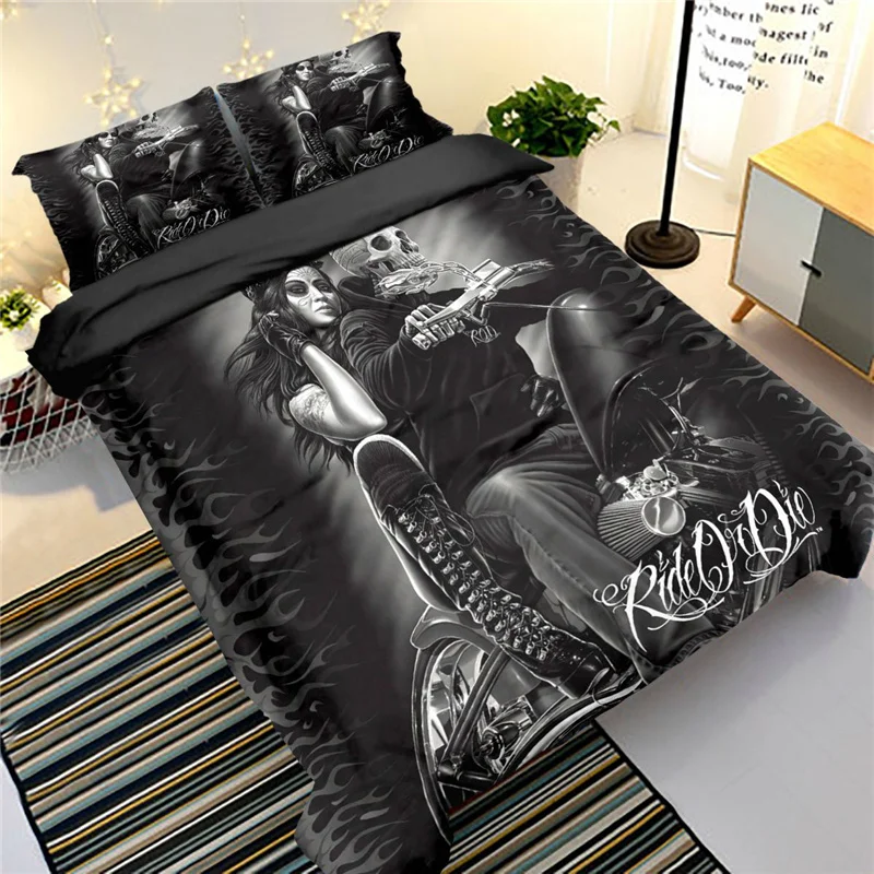 

3D Skull Duvet Cover Set Sexy Girl On Motorcycle Bed Linens Single Double Twin Full Queen King Bedding Set Teen Adult Bedclothes