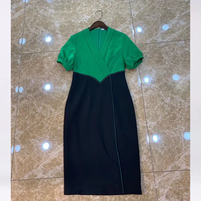 

High Quality Cotton 2020 Summer Fashion Ladies Army Green Color Block Flower Print Mid-Calf Length Casual Work Dress OL