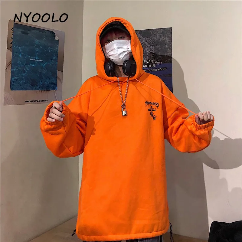 NYOOLO Harajuku street cross letters print thick warm hoodies Autumn winter long sleeve hooded pullovers Sweatshirt women men