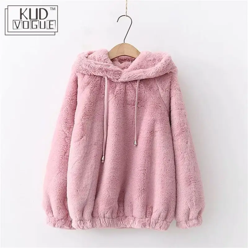 Harajuku Kawaii Женский свитшот пуловер топы Осень зима плюшевая толстовка с капюшоном