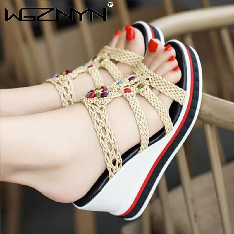 

Latform Wedges Slippers Women Weaving Sandals 2021 New Female Shoes Fashion Heeled Shoes Casual Summer Slides Slippers Women