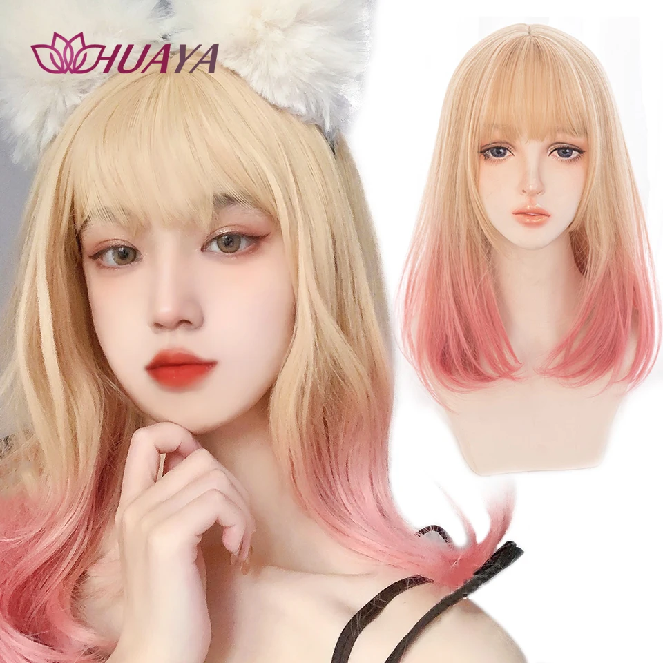 

HUAYA Cute Girl Short Straight Hair Ombre Golden Pink Lolita Bob Synthetic Wig With Bangs for Women Cosplay Heat Resistant Hair