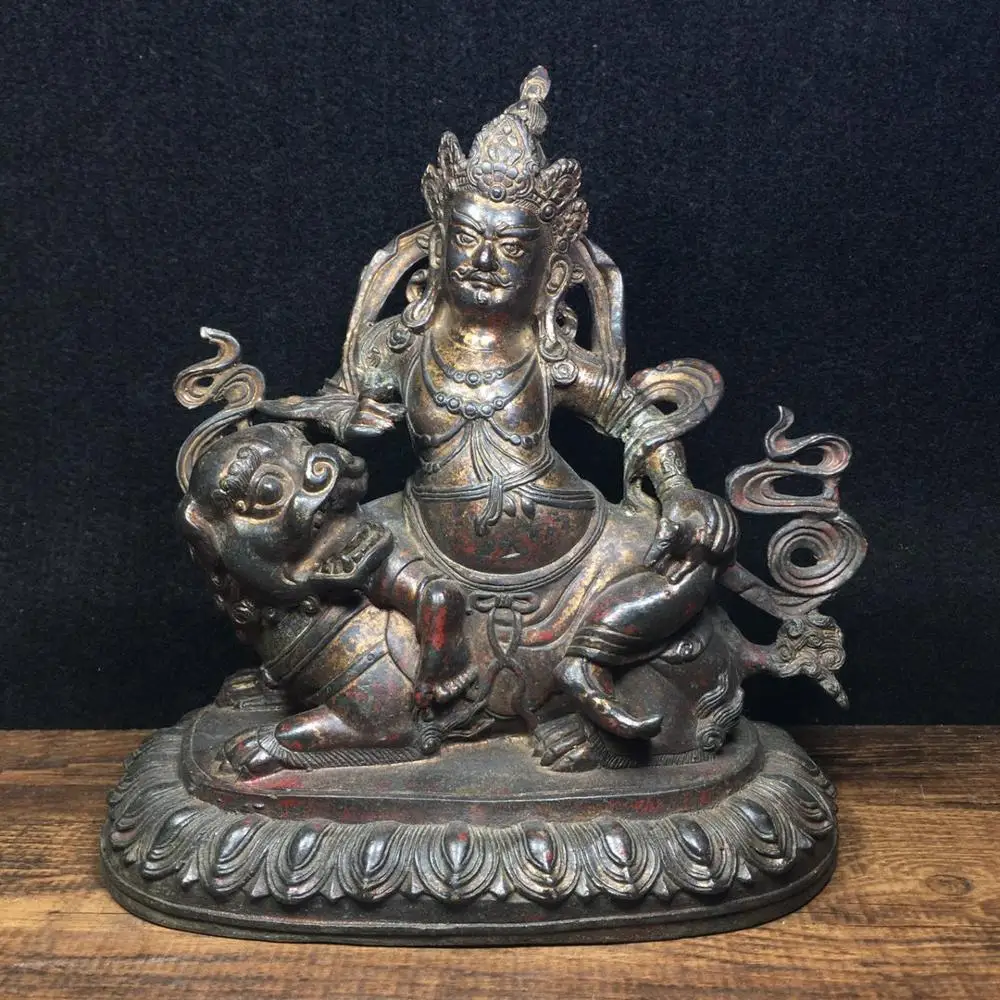 

8"Tibet Buddhism Temple Old Bronze Cinnabars Treasure King Buddha Statue Learn more about the king riding a lion Enshrine