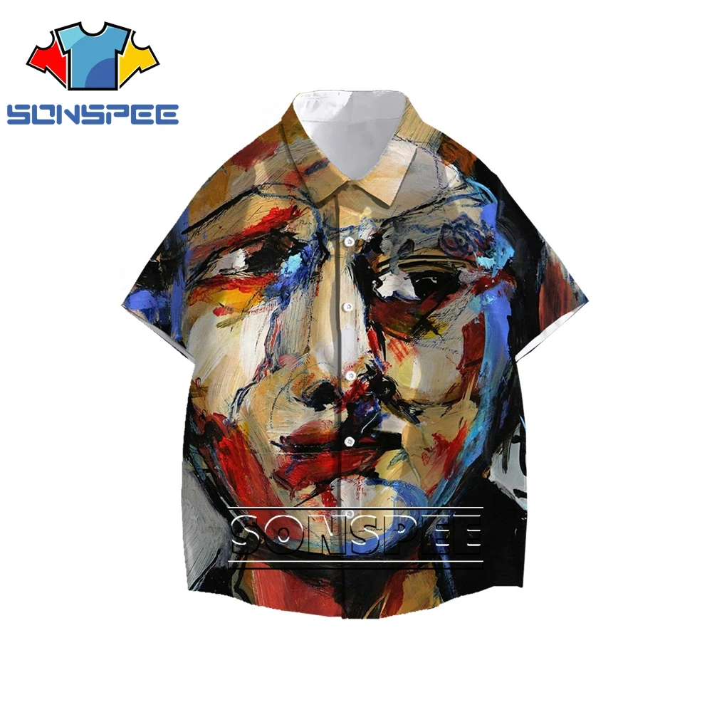 

SONSPEE Fashion Hot Sale Cool Art Oil Painting Portrait Pattern 3D Men's Shirt Summer Casual Original Personality Hawaiian Beach