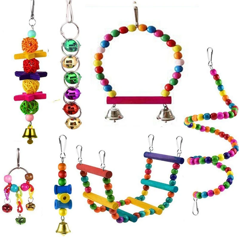 

7x Bird Parrot Toys, Hanging Bell Pet Bird Cage Hammock Swing Climbing & 1x Rope Weave Bird Breeding Nest Bed House Toy