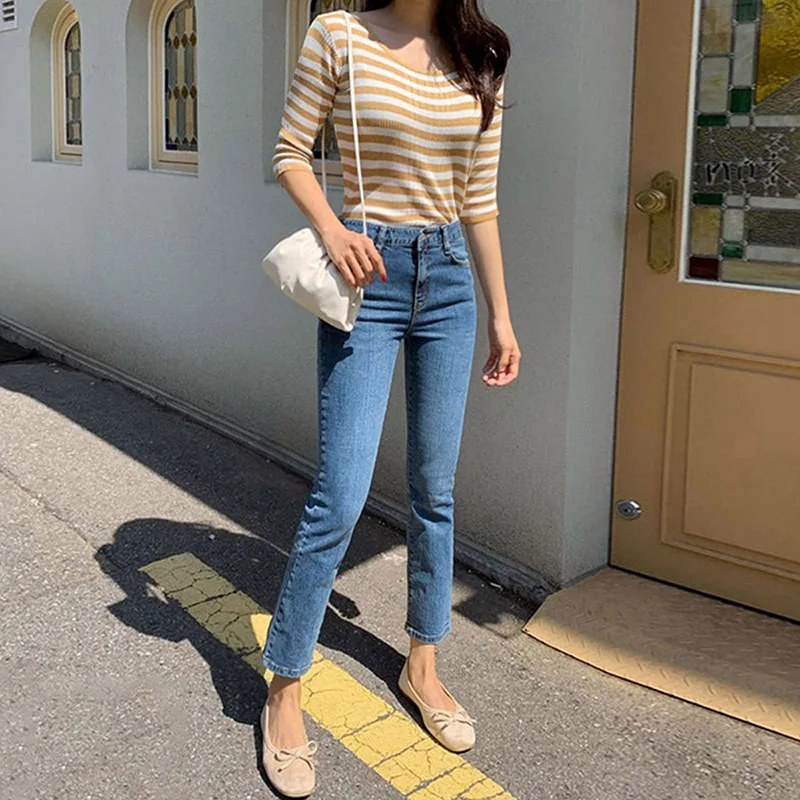 

Классические винтажные женские джинсы с высокой талией длиной до щиколотки, прямые джинсы-бойфренды для девочек, летние джинсовые брюки, корейская мода 2021