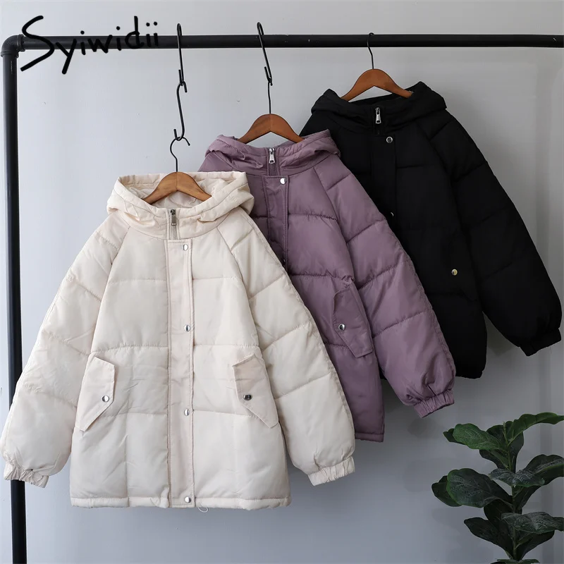 

Syiwidii Woman Bubble Coat Autumn Winter Jacket Thick Black Parkas 2021 New Long Sleeve Casual Oversized Purple Puffer with Hood