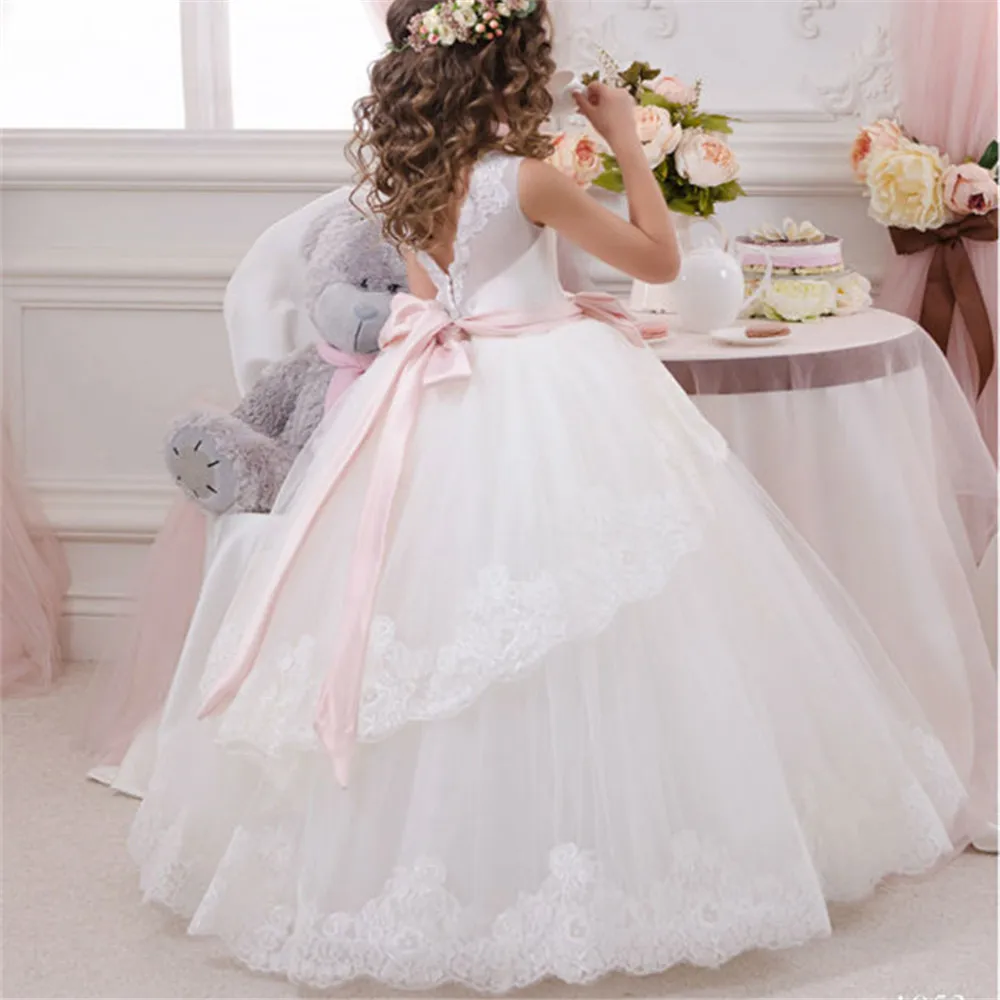 

Formal Pink Sash Flower Girls Dresses for Wedding Kids Lace Beading Floor Length Pageant First Communion Dresses Princess Gowns