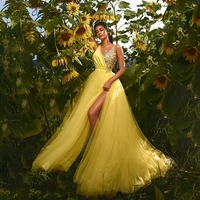 distinctive yellow evening dresses elegance high split flower v neck long bodice formal party gown robe de soir%c3%a9e femme