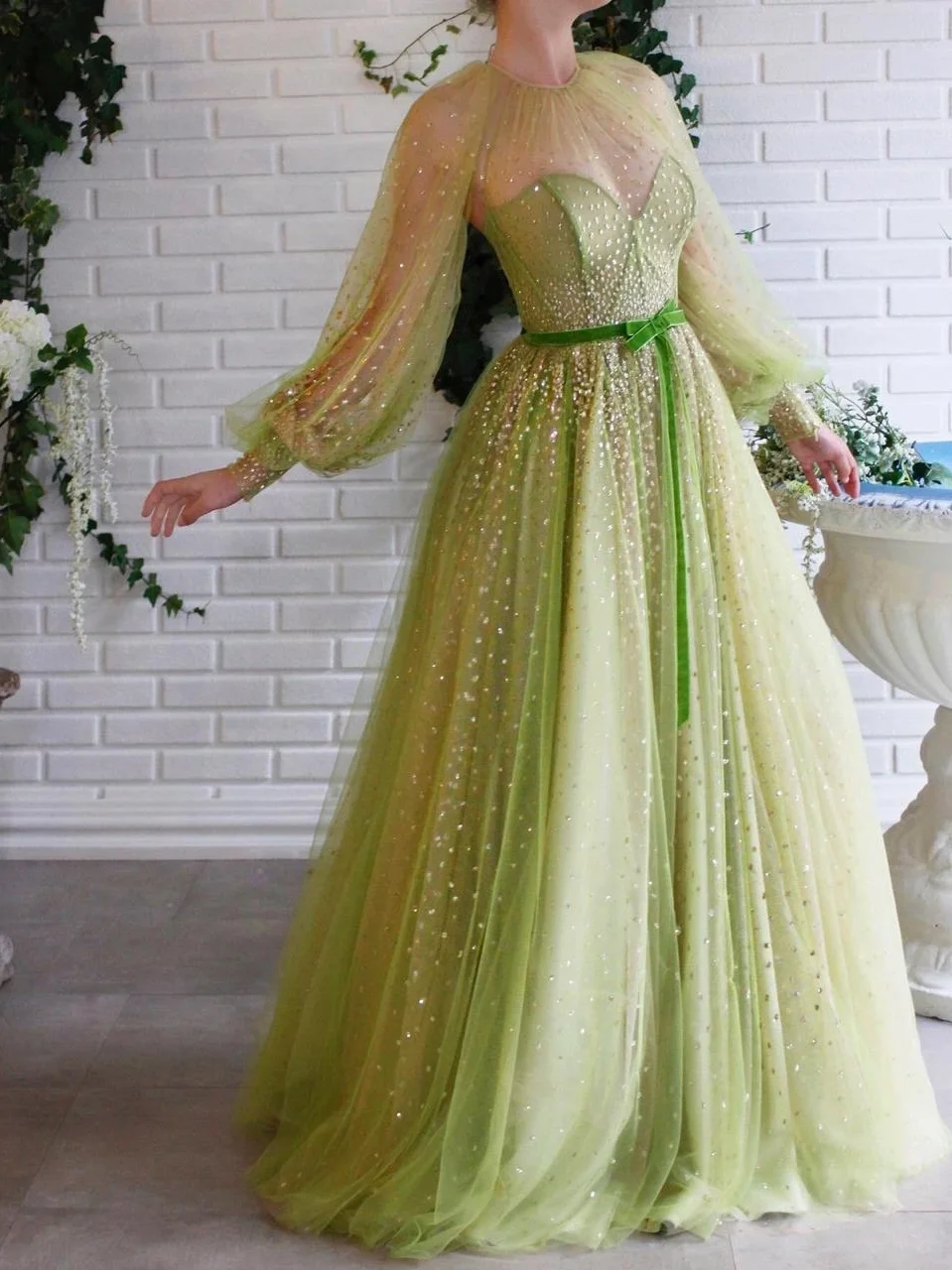

Elegant Muslim Evening Dresses A-line Long Sleeves Tulle Sequined Dubai Saudi Arabic Long Formal Evening Gown Prom