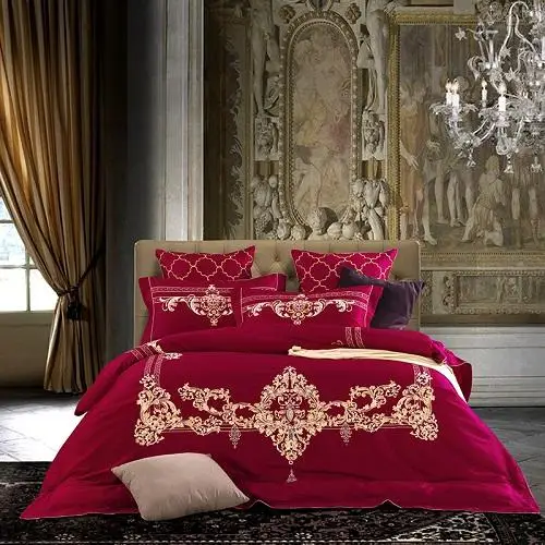 

43 Green Red Color Oriental Embroidered Wedding Bedding set King Queen size Silky Egyptian Cotton Duvet cover Bed sheet set