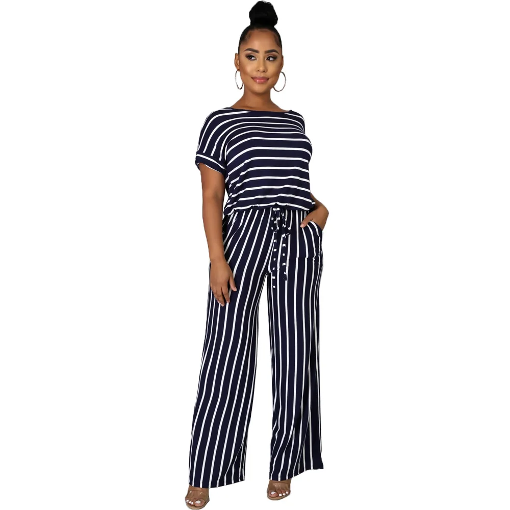 

Jumpsuits Summer Striped Printed Women Casual O-Neck Short Sleeve Lace-Up Loose Rompers Femme Fashionable Streetwear