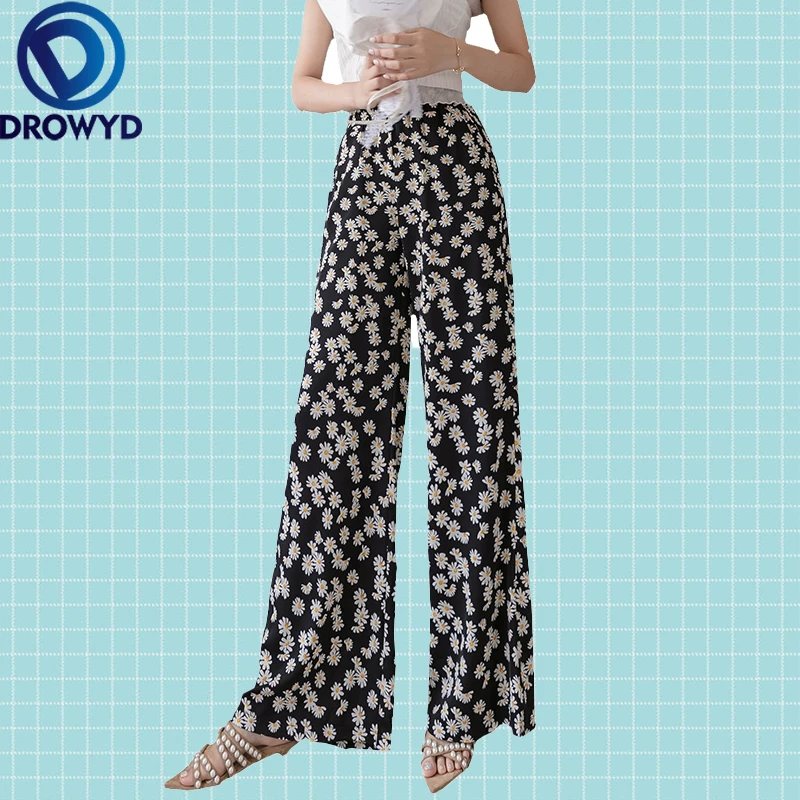 

Casual High Waist Black Floral Pants Women Summer Loose Ladies Office Trousers Print Pocket Korean Wide Leg Long Thin Pants 2020