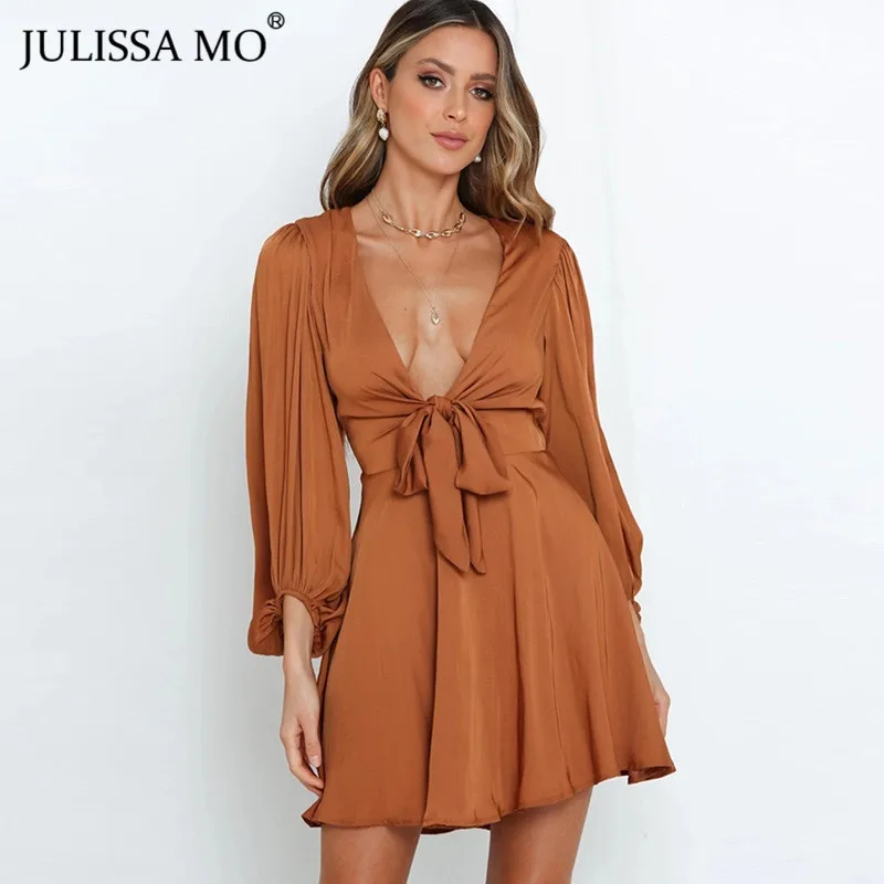 Женское винтажное платье JULISSA MO с длинным рукавом и глубоким V образным вырезом