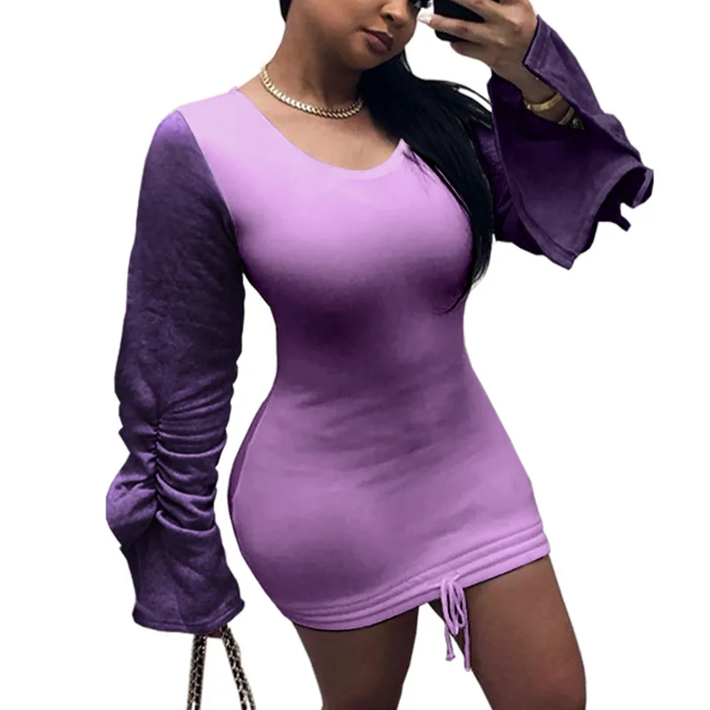 Осеннее платье 2019 новинка о образный вырез длинный рукав пэчворк шнурок