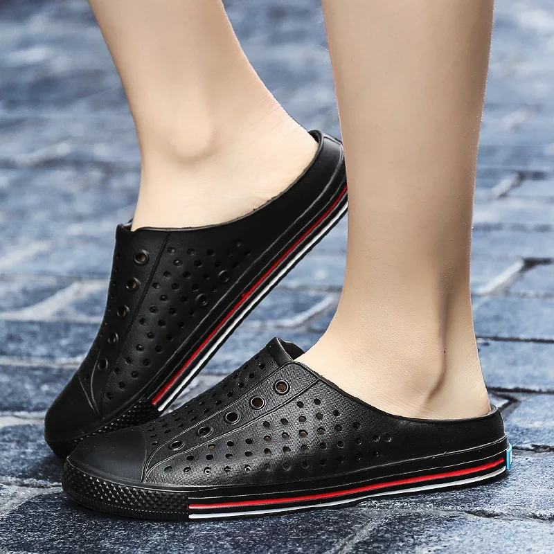

Beach shoes summer new fashion couples outdoor hollow half drag soft soles slippers men leather home slippers men women 36- 45