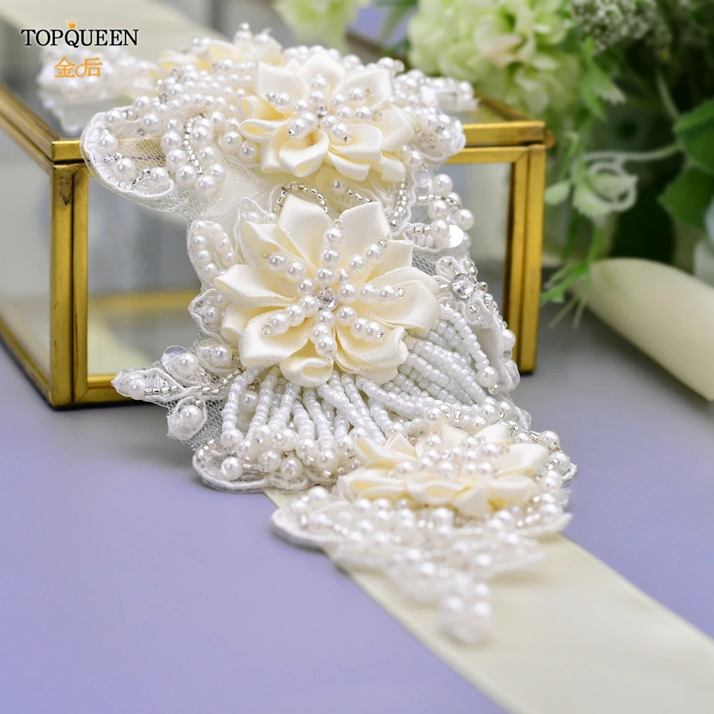 TOPQUEEN Luxury Bridal Belt for Brides White Flower Maternity Sash Bride Accessory Pearl Belts Women Ivory S346 | Свадьбы и