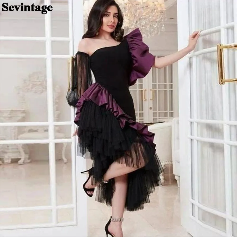 

Sevintage Black Purple Asymmetrical Arabia Prom Dresses Short Sleeves Satin Tulle Midi Formal Evening Party Gowns Dubai soirée