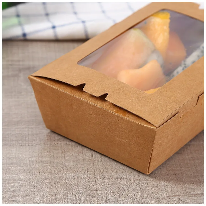 

StoBag 50pcs Disposable Meal Box High-end With Window Transparent Salad Sushi Packaging Takeout Brown Kraft Box Outdoor Picnic