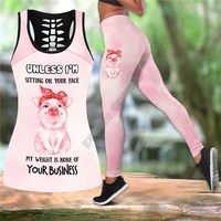 all over printed pig outfit for women leggings and hollow out tank top suit sexy yoga fitness soft legging summer women for girl