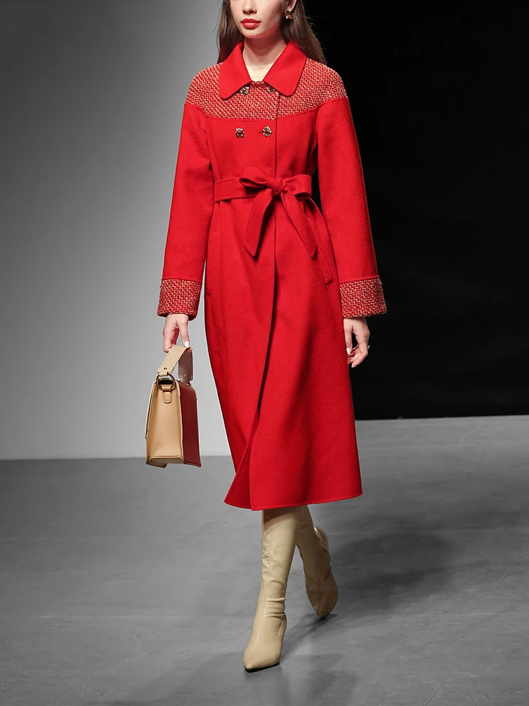 2020 Spring Fashion New Style Elegant Long Sleeve Red Patchwork Turn Down Collar Woolen Coat Vintage Sash Trench | Женская одежда