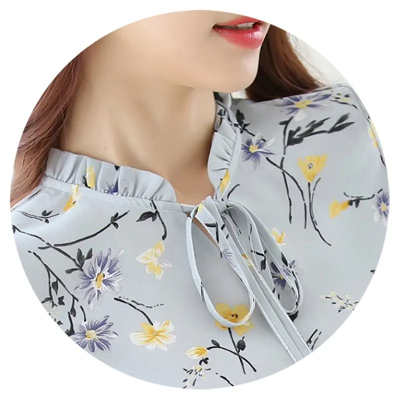 

2019 Autumn Women Chiffon Blouses Elegant Floral Office Work Wear Women Fashion Slim Shirts O-Neck Long Sleeves Tops Plus Size
