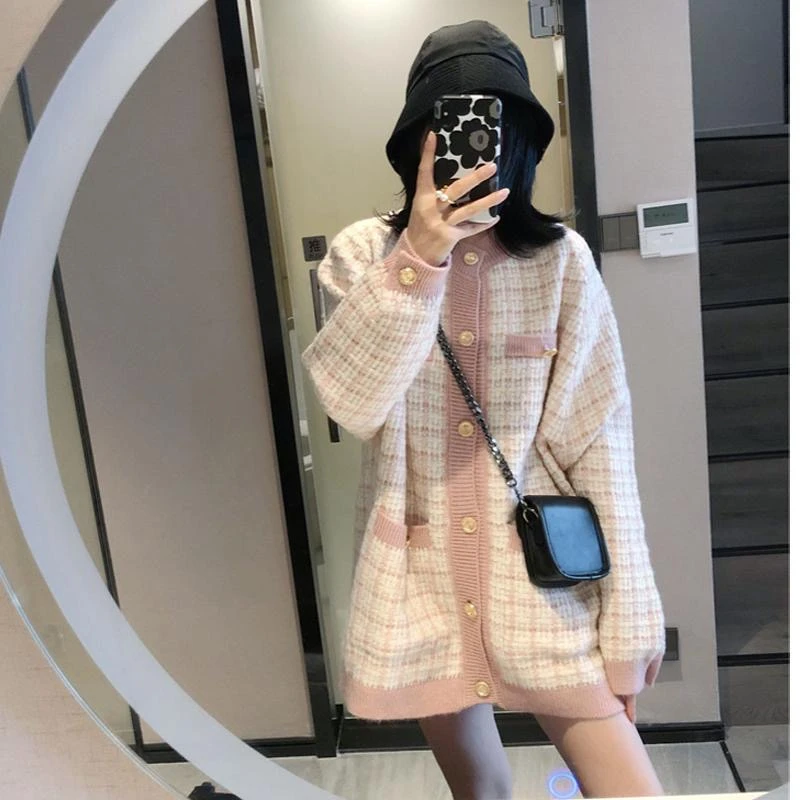 

Sweater jacket Women Plaid Fashion New O-Neck Loose Knitting Casual Harajuku Tide Mujer Streetwear Collision Outerwear