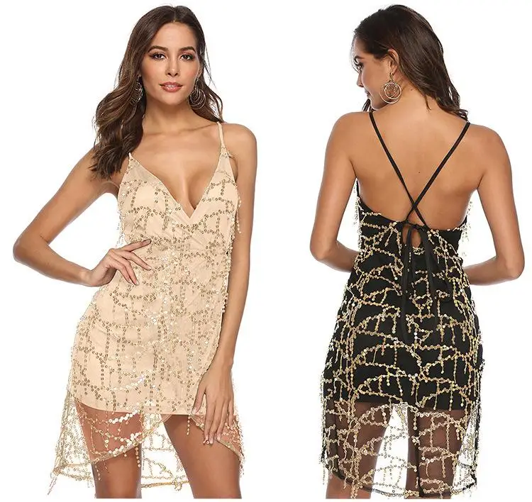 

Сексуальное Кружевное выпускное платье с V-образным вырезом и блестками, вечерние мини-платья цвета шампанского с открытой спиной, платья д...