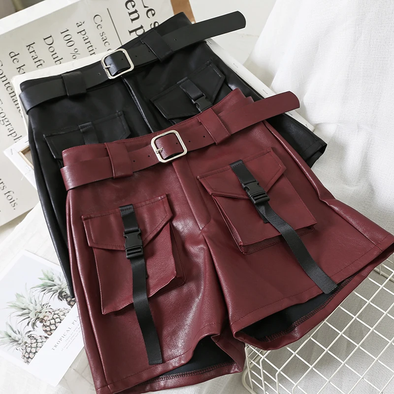 Женские осенне зимние кожаные шорты повседневные однотонные с 2019 карманами