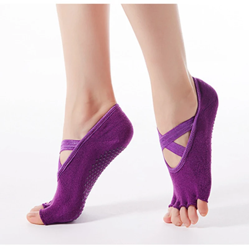 

2 pairs Women Yoga Socks fit Ballet Pilates Exercise Training Wear non-slip five finger Socks Solid Color Cross Bandage Socks