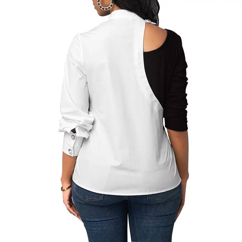 Офисная блузка рубашка Женская Лоскутная Асимметричная черная белая цветная