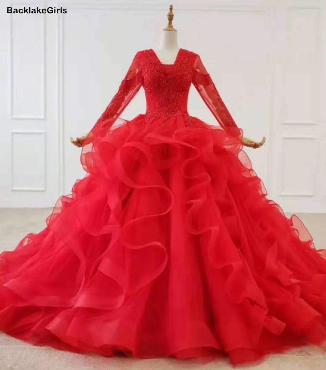 Красное Бальное Платье с v-образным вырезом длинным рукавом и бусинами