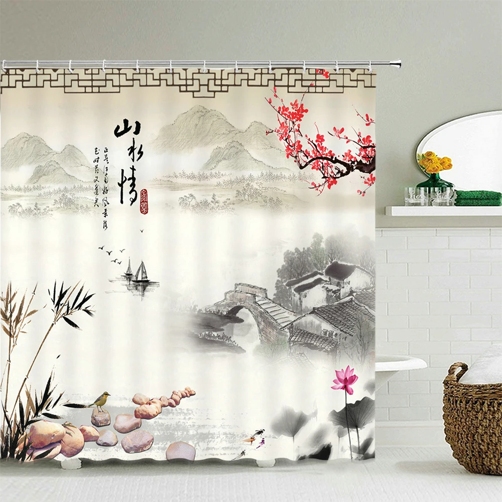 

Chinese landscape Ink painting Shower Curtain Waterproof Bathroom Curtain High Quality Polyester Fabric Home Decor With 12 Hook