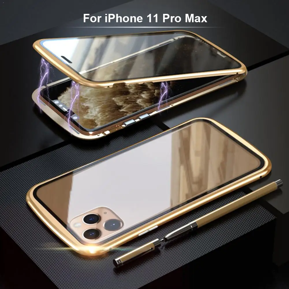 Магнитный адсорбционный Чехол для мобильного телефона IPhone 11 Pro Max металлическая рамка двойное закаленное стекло покрытие магнитное притяжение
