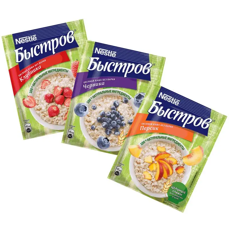 Быстров. Без варки. Ассорти. Каша овсяная не требующие варки с клубникой черникой.