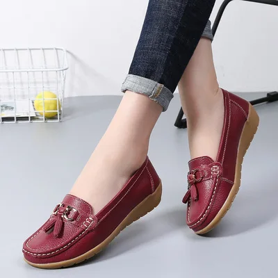 

KUIDFAR Women Flats Genuine Leather Women Casual Shoes Breathable Slip-On Flat Women Shoes Solid Color Ladies Loafers Plus Size