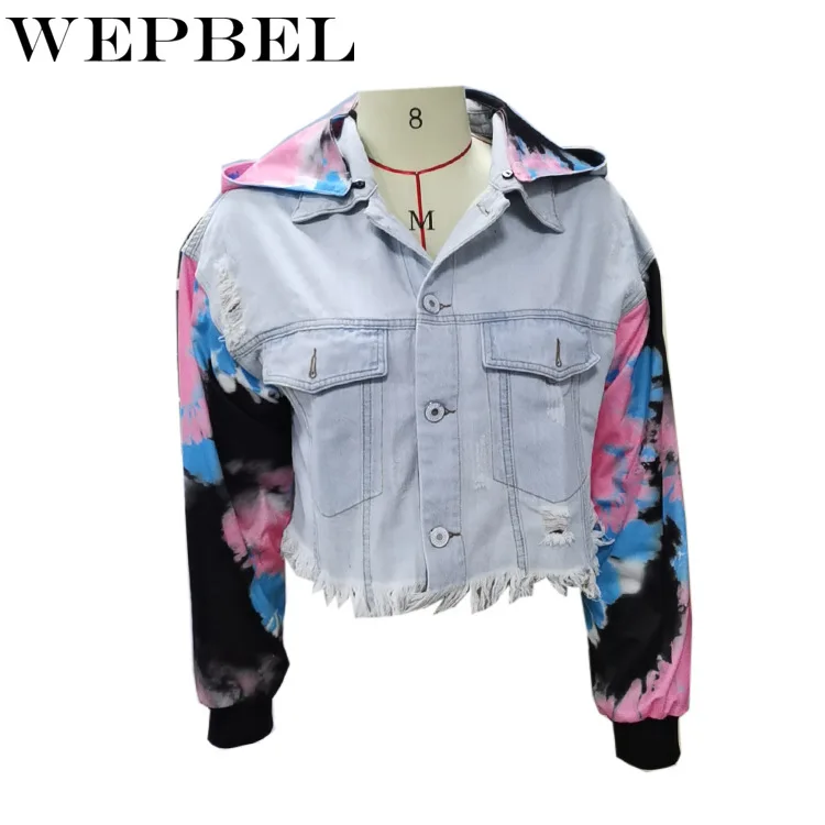 

WEPBEL Women New Fashion Holes Denim Short Jacket Casual Long Sleeve Tie Dye Print Boyfriend Style Coat with Pockets Plus Size