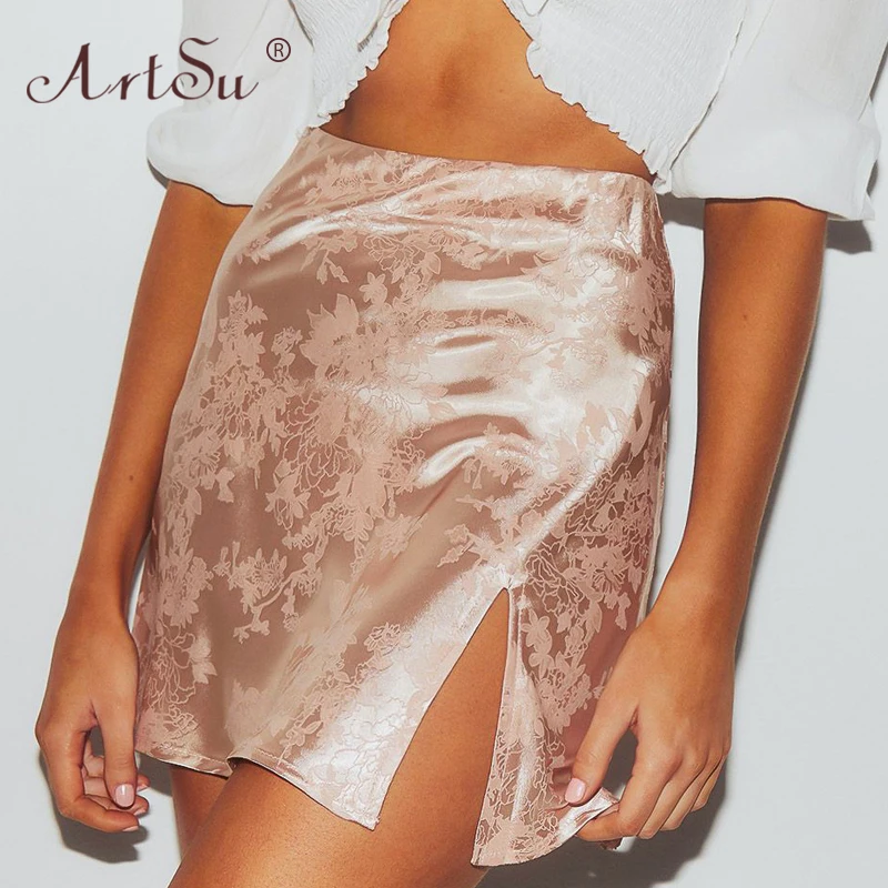 Женская атласная мини-юбка ArtSu черная розовая зеленая юбка с цветочным принтом