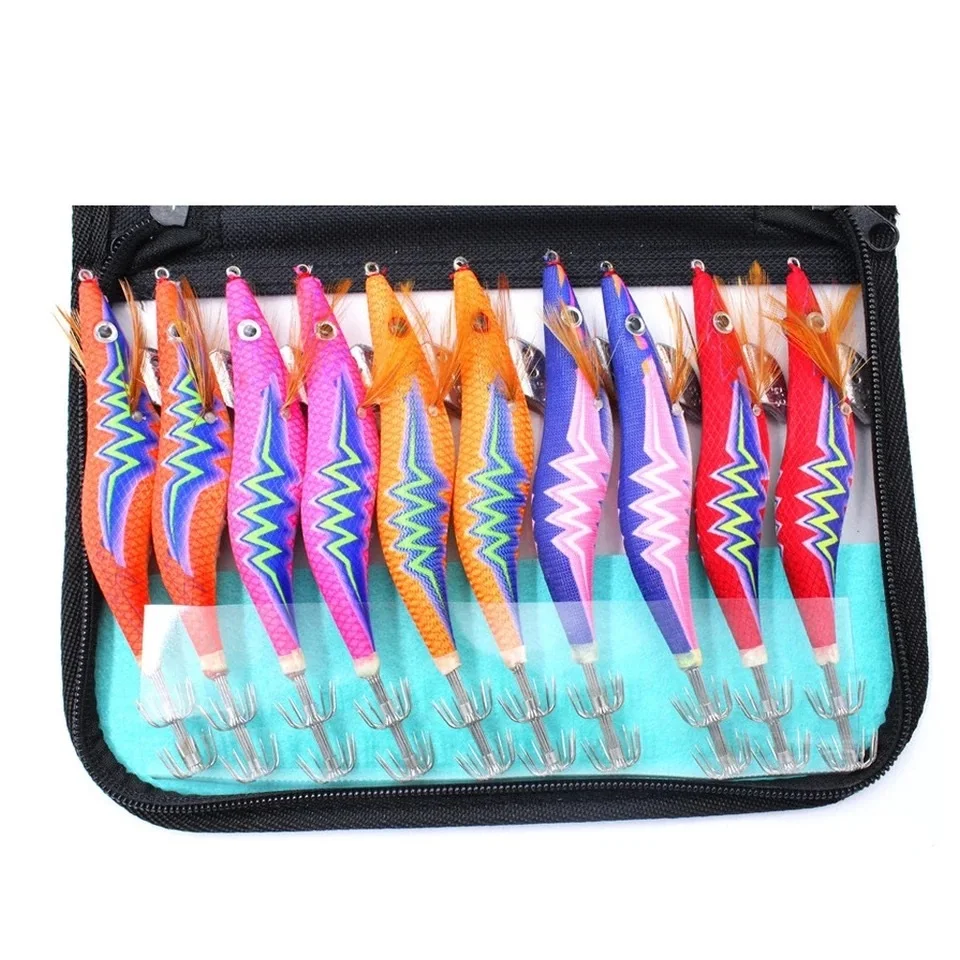 

10PCS Fishing Lure Bag Squid Hook Jigs Octopus Cuttlefish Shrimp Baits 3D Eyes Luminous Lures