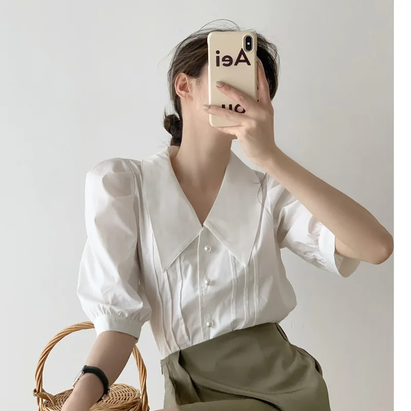 

French Bubble Sleeve Top Women's Summer Design Sense Korean Chicv Collar White Shirt Thin