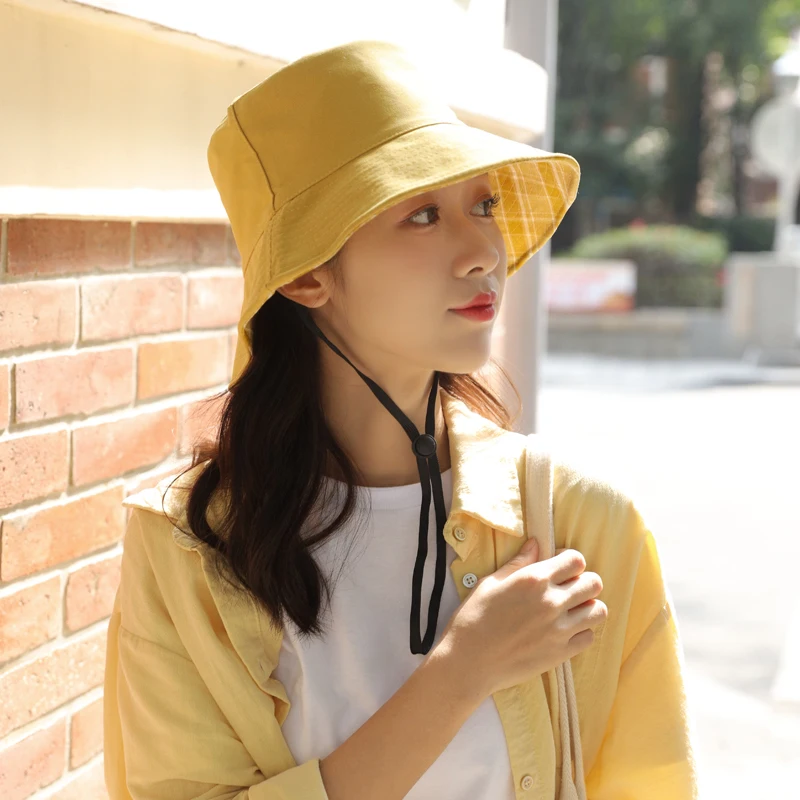 

Summer Foldable sided Bucket Hat with Windproof Rope Solid Cotton Protection Wide Brim Women Beach Sunscreen Cap