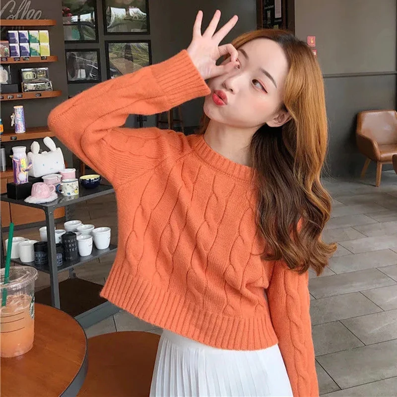 

Укороченный свитер карамельных цветов в Корейском стиле, Осенний милый пуловер, свитер, женская новая модная свободная одежда с длинным рук...