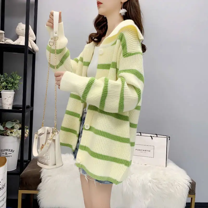 2019 autumn and winter wear loose striped sweater cardigan female ins very immortal foreign gas wild woolen coat jacket tide |